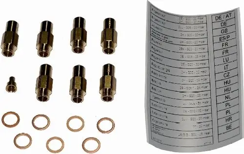 Set mit Metallanschlüssen und Unterlegscheiben für Gasumrüstung, geeignet für Anwendungen wie von Wolf empfohlen. Übersichtliche Tabelle mit technischen Informationen auf dem Etikett.